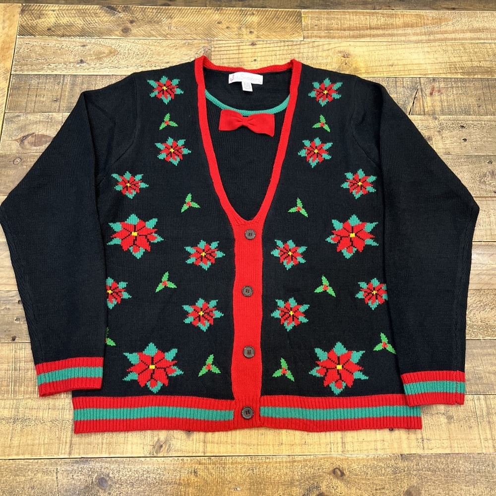Jolly Sweaters Ugly Christmas Sweater Pullover  Poinsettia XL Bow Tie Black Red